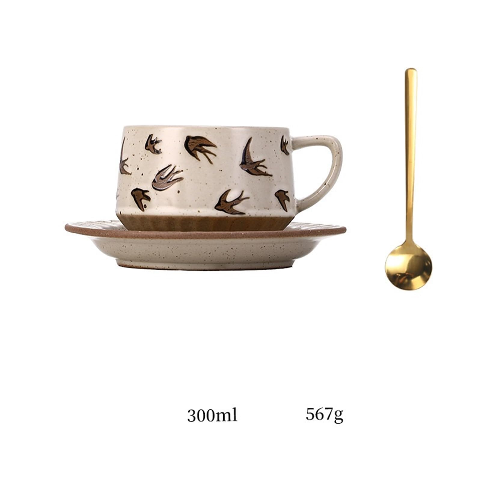 1M2nO3pK Taza de café Juego de taza café/té cerámica con diseño retro, platillo y cuchara, 300 ml