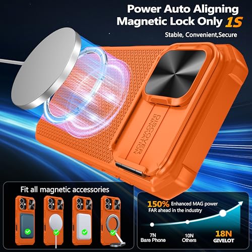 Image of Magnetic for iPhone 17 Case [Slide Camera Cover] [Compatible with Magsafe] [Kickstand] [Military Grade Protection] Shockproof Rugged Case for iPhone 17,Orange