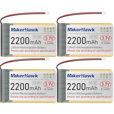 MakerHawk 3.7V 2200mAh LiPo Battery Rechargeable 1S 3C Lithium Polymer Battery with Protection Board Insulated Rubber Tape, Micro JST 1.25 Plug for Arduino ESP32 Development Board (4 Pack) Cover