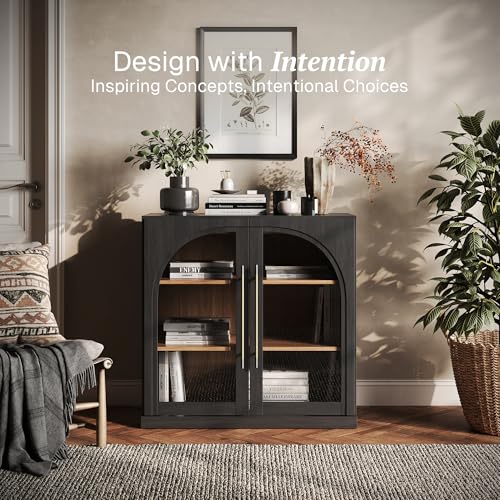 Image of BELLEZE Modular Sideboard with Arched Glass Door, Accent Display Buffet Cabinet with Storage and Adjustable Shelves,Classic Modern Credenza for Living Room Kitchen Entryway (Ebony)
