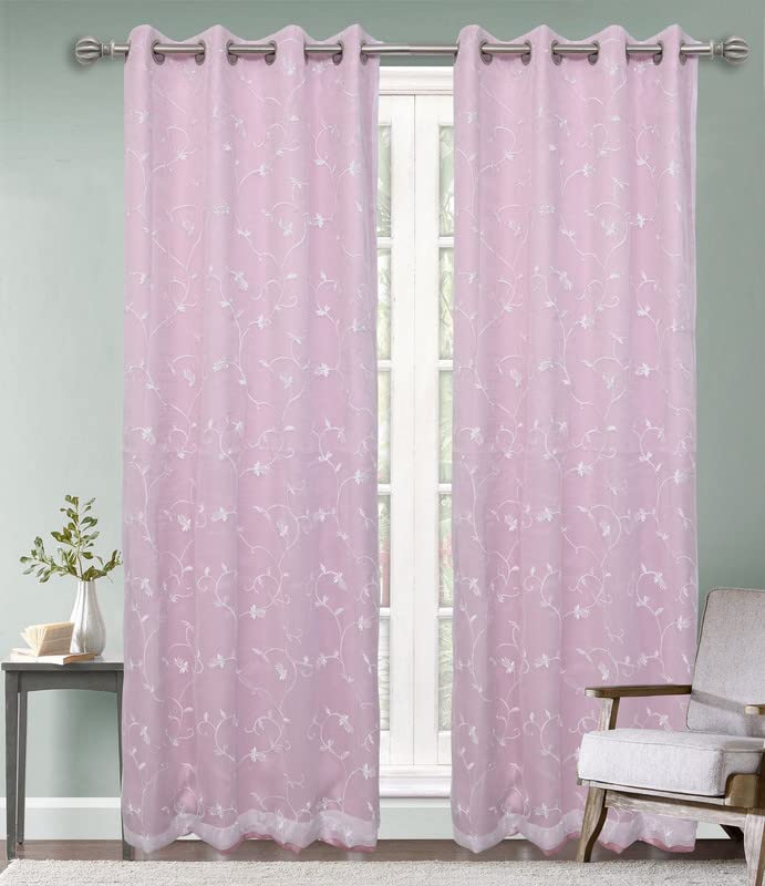 Image of 2 in 1 Embroidery Transparent Polyester Door Curtain with 80% Blackout Set of 2 Pieces(6 Feet, White Embroidery+Pink Blackout)