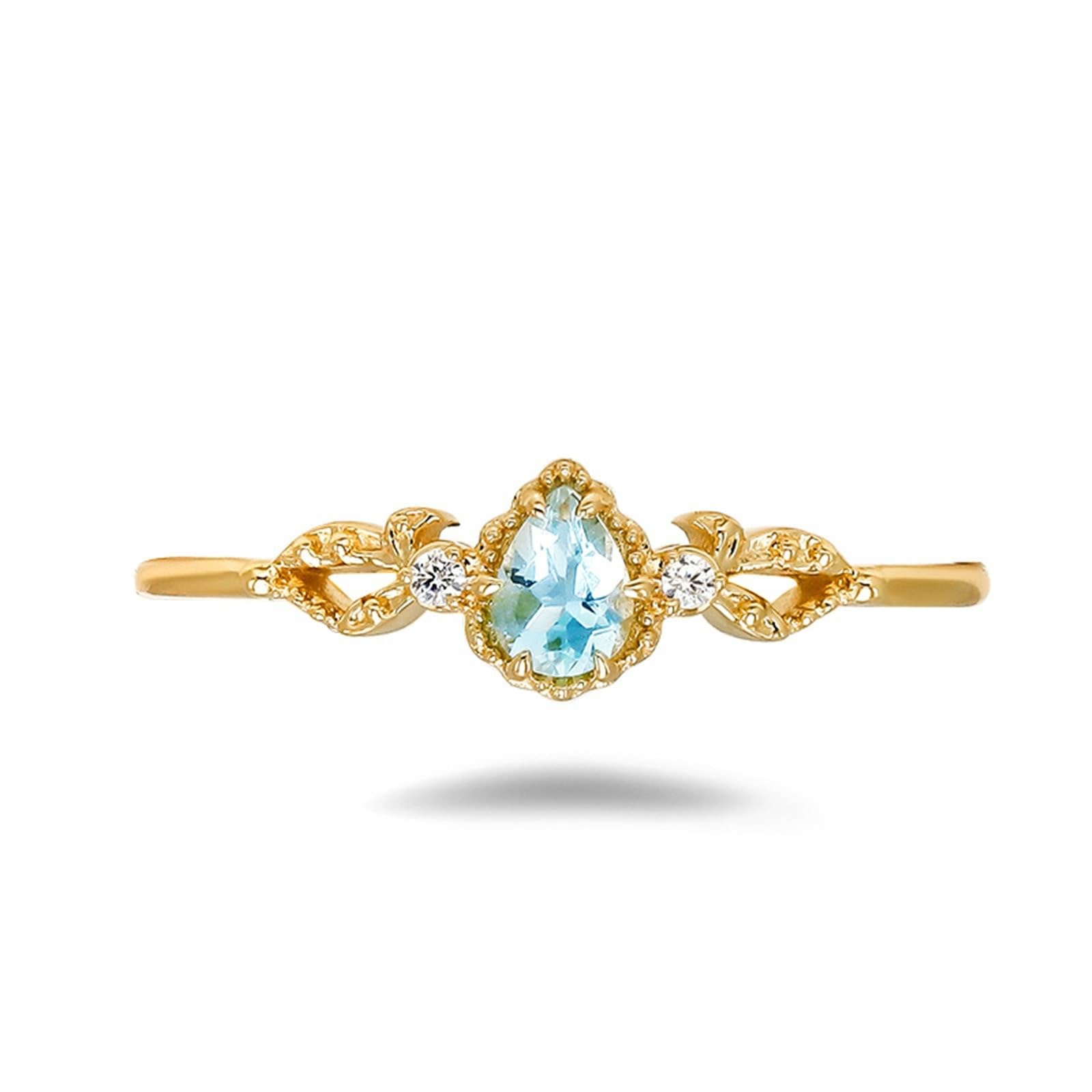 Alianzas de boda de oro amarillo de 9 K/14 K/18 K con gotas azul claro, lagrima