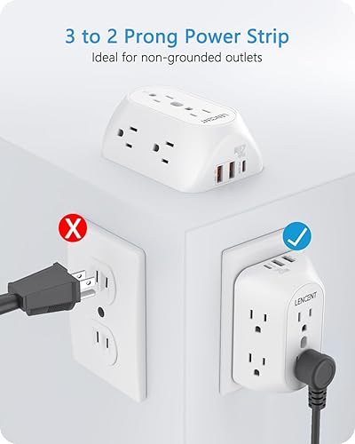 Miniatura 9 de LENCENT Regleta de alimentación de 2 clavijas con 3 USB, adaptador de toma de tierra de 3 a 2 puntas, enchufe polarizado, protector de sobretensión,