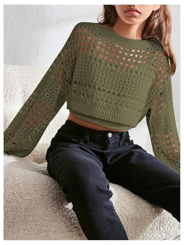 Image of RoseSeek Girl's Hollow Out Knitted Crop Sweater Long Sleeve Crew Neck Drop Shoulder Sheer Pullovers Knitwear