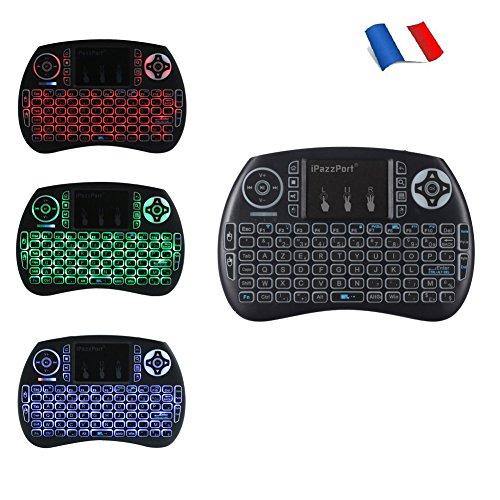 iPazzPort - Miniteclado francés (AZERTY) inalámbrico, retroiluminado y ergonómico, con touchpad, ideal para Smart TV, mini-PC, HTPC, consola, ordenador, Raspberry Pi, etc. negro negro