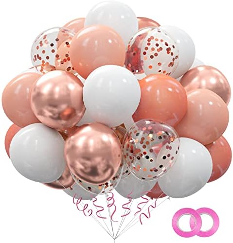 62 Pack Rose Gold Confetti Balloons Kit - 12 Inches Rose Gold Party Balloons with Ribbons for Wedding Bridal Shower Women Birthday Party Balloons Supplies