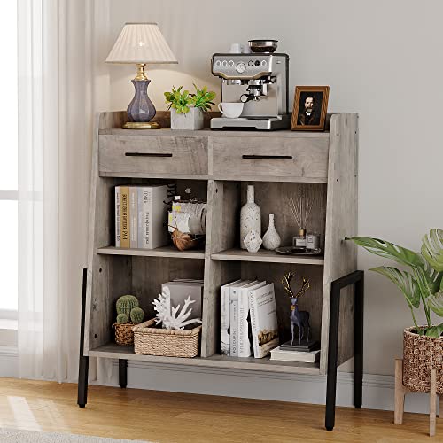 Idealhouse Bookcase Horizontal Bookshelf Short Bookcases With Drawers Small Storage Shelves 4 Cube Organizer Metal Frame Wood Display Cabinet For Bedroom, Living Room, Home Office, Grey #TOP2