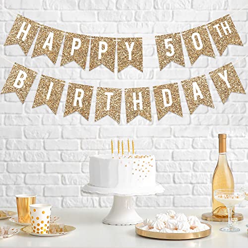 Image of Pre-Strung Happy 50th Birthday Banner - Gold Glitter Birthday Banner