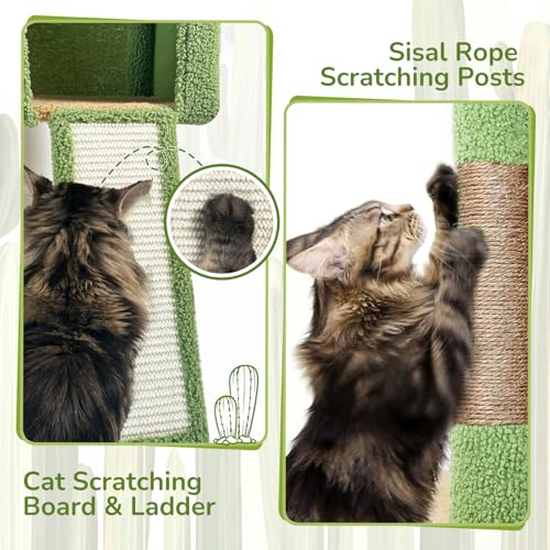 Image of Globlazer Large Cactus Cat Tree Tower, 70in Tall Heavy Duty Green Cat Tree for Indoor Cats Sturdy Cat Tower with Scratching Post and Board, Hammock, Cat Condos for Adult Cats Kittens, F70 Pro, Green
