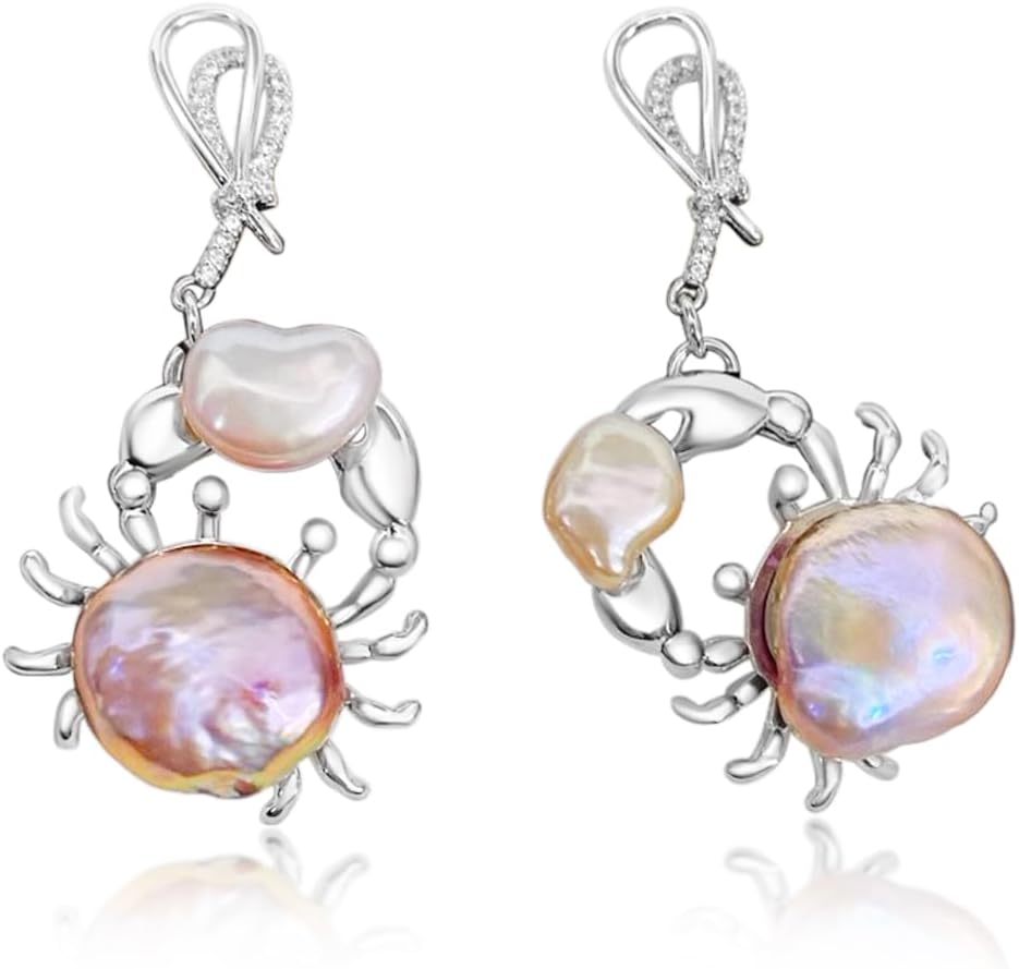 Crab Baroque Pearl Drop Dangle Earrings for Women with Freshwater Pearls Sterling Silver Post | 12mm Pearls | Cancer Astrology Cute Crab Pearl Jewelry for Women Girl | Gift Box