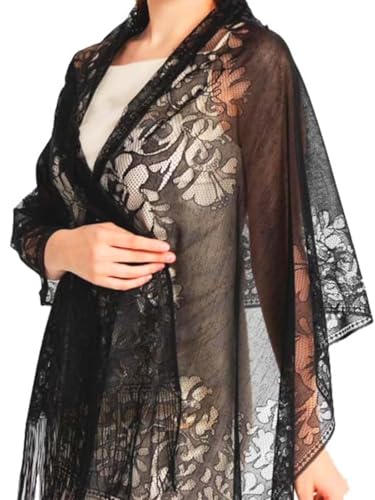 Urieo Women's Floral Shawls and Wraps for Evening Dresses Lace Long Pashmina Black Scarf Wedding Party Soft Large Shawl3