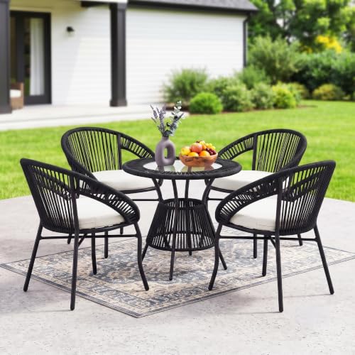 Image of DEVOKO Bliss 4 Seater Outdoor Patio Rope Conversation Set with Glass Top Table (Black /Off-White), Powder-Coated Metal Frame & Water-Resistant Cushions for Balcony, Garden, Terrace