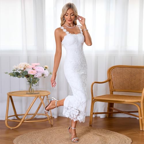 Women White Sexy Lace Patchwork Sleeveless Floral Bodycon Wedding Cocktail Maxi Dress3