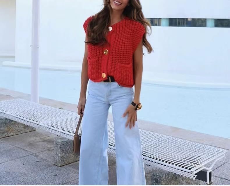 Sumleno Womens Trendy Knit Sweater Vest Solid Button Down Chunky Sleeveless Crochet Cardigan Y2k Crop Tank Tops Streetwear3