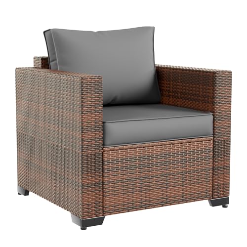 Image of Amopatio Wicker Outdoor Sofa & Patio Couch Set - High Back Waterproof Patio Furniture Single Armrest Chair with Non-Slip Cushions, Outdoor Furniture Cover, Grey
