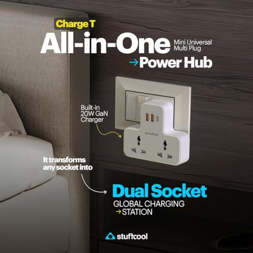 Image of Stuffcool ChargeT 2 AC Universal Socket with Built in 20W GaN Charger, with Surge Protection for Type C Ports, Made in India, with 3 PIN Plug, Works with 6A Plugs, Without Blocking Adjacent Plugs