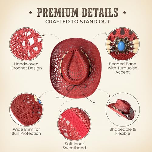 Image of Wildarms Western Cowboy Hat for Women Men Wide Brim Woven Straw Cowboy Hat for Men Cowgirl Sun Beach Hat Decorative Bands