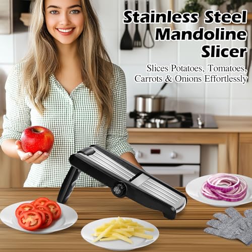 MASTERTOP Mandoline Slicer, 5 in 1 Mandoline Food Slicer for Kitchen,Stainless Steel Mini Vegetable Slicer with Safety Glove & Cleaning Brush,Adjustable Vegetable Chopper for Potatoes - Thumbnail 4