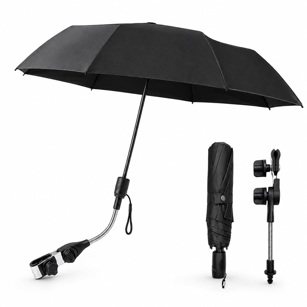 Ombrelle Poussette Universelle, Parasol Poussette Protection UV 50+, Diamètre 95cm, pour Tubes Ronds et Ovales, Noir