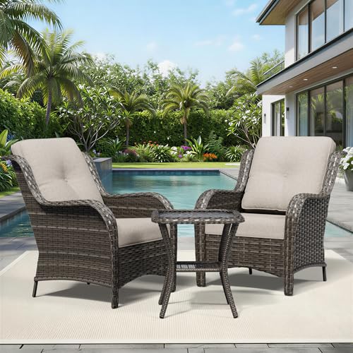 Image of Joyside 3 Piece Wicker Patio Furniture Set, Rattan Patio Chairs with High Back, Deep Seating, Wide Armrest, Thickened Cushions, Outdoor Furniture for Deck, Porch Use