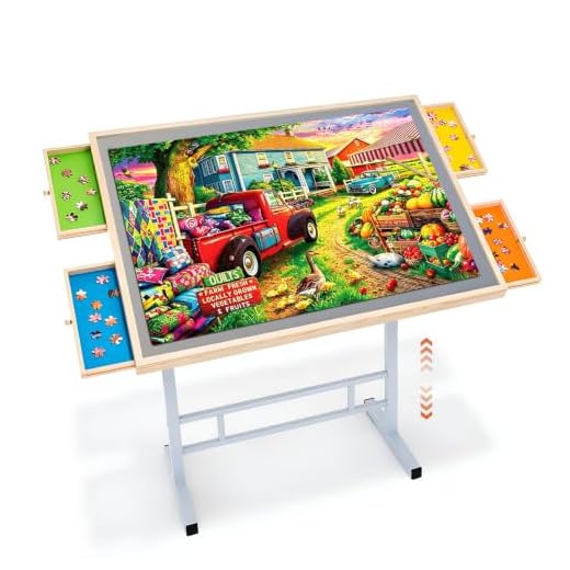 Adjustable Puzzle Table with 4 Drawers and Legs for up to 1500 Pcs, 34" x 26" Wooden Puzzle Tables for Adults with Angle Height Adjustment, Portable Tilting Jigsaw Puzzle Board with Cover