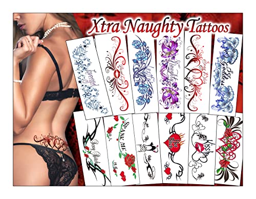 Temporary Tattoo Factory Super Sexy Naughty Tattoos - Long Lasting, Naughty Ultra Realistic Fake Adult Erotic Temporary Tattoos for Women's Hip, Lower Back, Thigh, Arm Tramp Stamp (12 Pack)