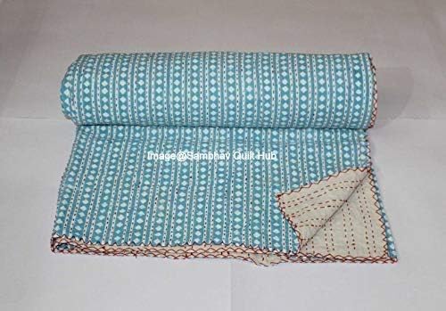 Indian Boho Kantha Hand Block Diamond Print Pure Cotton Bedspread Kantha Stitch Hippie Kantha Bed Spread Reversible Bedcover Throw Quilt (90X108 inch)