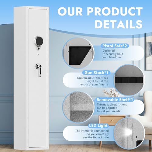 Image of KAER 2-3 Gun Safe Cabinet with Digital Keypad for Rifles & Pistols | White anti-pry steel gun cabinet with digital keypad & spare keys, holds 2-3 guns with ammo shelf, wall /floor mountable