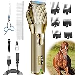 Horse Clippers, Cordless Trimmers Grooming Kit with 2500mAh Battery, Low Noise Heavy Duty Body Clipping Machine with LED Display for Horse, Cattle, Cat, Dog with Thick/Tangled Coat, Gold