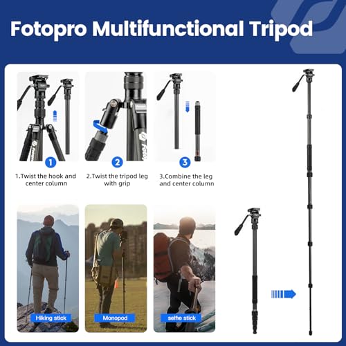 Image of Fotopro 59 inch Carbon Fiber Travel Tripod, Compact Video Tripods with Fluid Head, Detachable Monopod with Quick Release Plate and Bag, Camera Tripod Load up to 8KG /17.63lbs
