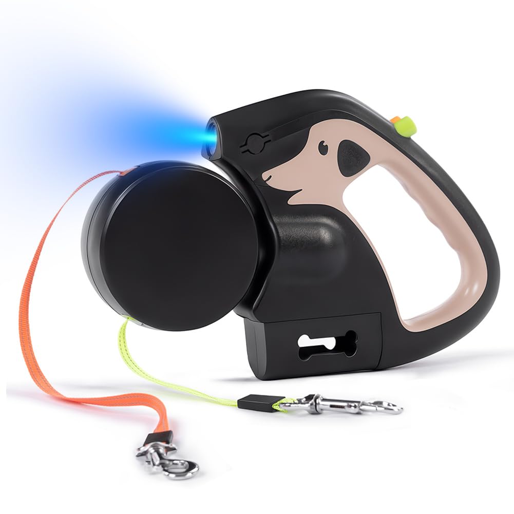 CEWROM Doppelleine für 2 Hunde, 3 m Ausziehbare Anti-Verwickel-Hundeleine mit 360° Drehung, Integrierter Taschenlampe & Kotbeutelhalter, Schnellbremsknopf Für Kleine Und Mittelgroße Hunde