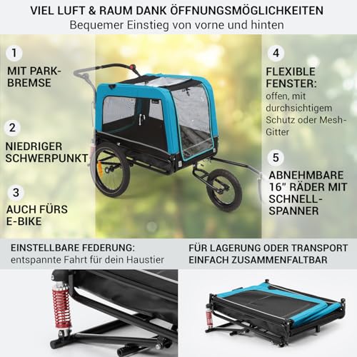 Klarfit Fahrradanhänger für Hunde, 2-in-1 Hundebuggy, Klappbar, Fahrradanhänger, Hundeanhänger Gefedert mit Reflektoren & Leine, für Hunde bis 40kg