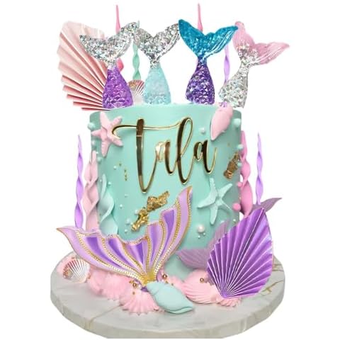 Mermaid Cake Toppers, Qoadwem 24pcs Mermaid Cake Decorations For Girls Birthday With Mermaid Tails Seaweed Shells Leaves Cake Set for Little Mermaid Under the sea Cake Decor Cover