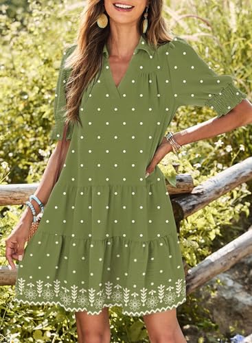 Image of Dokotoo Casual Dresses for Women Lapel Collared V Neck Mid Sleeved Pleated Summer Dresses for Women 2026 Midi Dresses