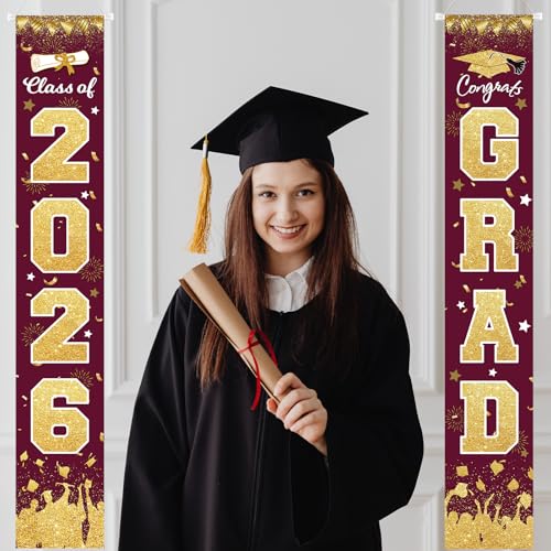 Image of 2026 Graduation Party Decorations - Maroon Gold Class of 2026 Congrats Grad Porch Sign Banner Hanging Flag Graduation Party Supplies for School College Classroom Decor