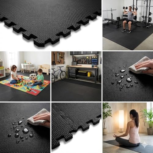 Image of EASY HOME Gym Mats for Floor for Home and Living Room, Interlocking Rubber Floor Gym Mat for Exercise, Super Absorbent EVA Foam Workout Mat- 60x60cm - 12mm Thickness, Black (Pack of 20 Tile- 80 Sq ft)