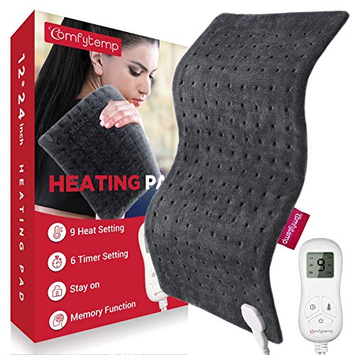 Heating Pad Upgraded, Comfytemp Electric Heat Pad | 9 Heat Setting, Stay On, 5 Timer Auto-Off, Ultra-Soft | 12 x 24 Inch Heated Pad for Cramps, Back Pain Relief, Neck and Shoulders, Machine Washable