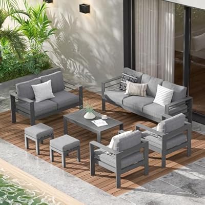 Wisteria Lane Aluminum Outdoor Patio Furniture Set with Footrest, Modern Patio Conversation Sets, Outdoor Sectional Metal Sofa with 5 Inch Cushion and Coffee Table for Balcony, Garden, Dark Grey