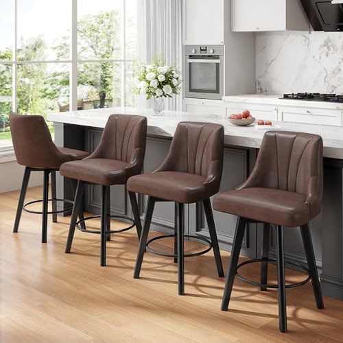 Counter Height Swivel Bar Stool, 24″ Upholstered PU Leather Barstools Set of 4, Counter Stool Chair with Back & Solid Wood Legs for Kitchen Island Dining Room (Brown)