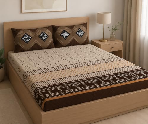 Image of LOOMLYFE 300 TC Microfiber XXL Soft Cotton Super King Size Printed Bedsheet For Double Bed, 108 Inches X 108 Inches, 9 Feet, 275 X 275 Cm With 2 Large Size Pillow Covers - Coffeet