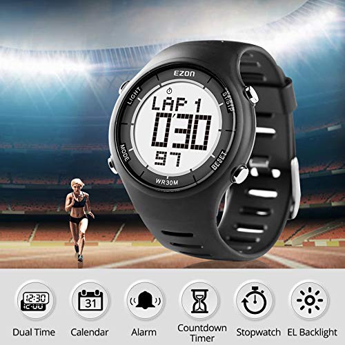 EZON Digital Sport Watch for Outdoor Running with Countdown Timer and Stopwatch Waterproof Mens Black Watch Black L008A11 - Thumbnail 2