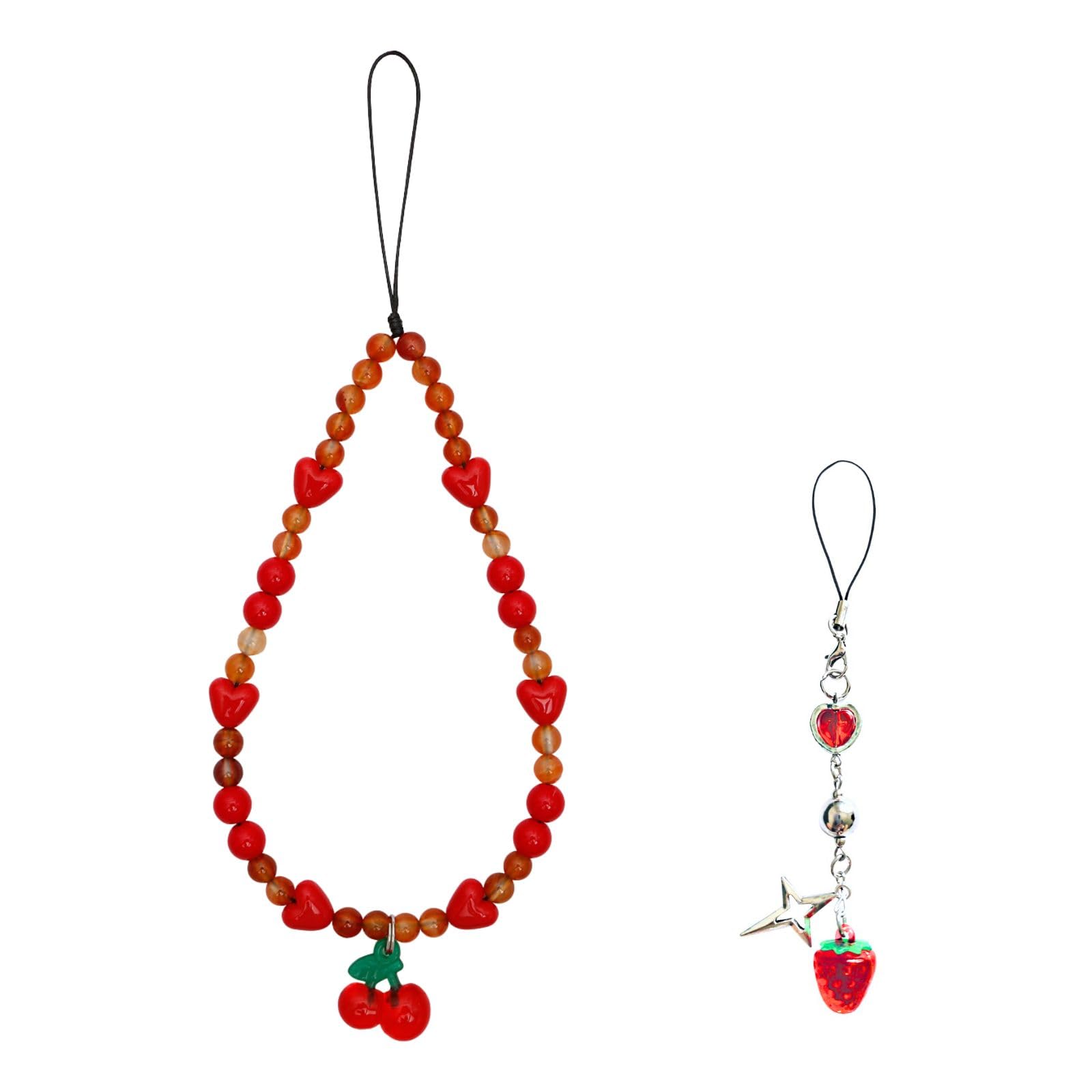 Meefisher 2 PCS Cute Strawberry Cherry Beaded Phone Charms Red White Lanyard Aesthetic Cell Phone Strap Pearl Wrist Beads Chain Charm Sweet Gifts