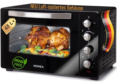 Minibackofen 45 Liter mit Glasfront und 2.000 Watt | Mini Backofen mit Umluft, Drehspieß und...