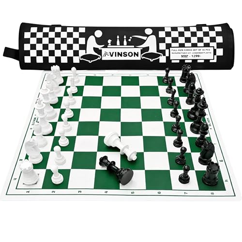 Image of Vinson Tournament Chess Set for Adults & Kids | 18.25 x 18.25 Inch Foldable Vinyl Board with Solid Plastic Chess Pieces, 2 Extra Queens & Zipper Storage Bag | Professional Portable Game Set (Green)
