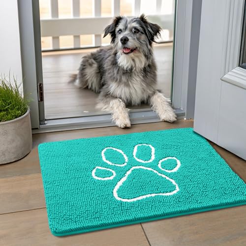 Image of Smiry Dog Door Mat for Muddy Paws, Absorbent Dirt Trapper Non Slip Quick Dry Washable Chenille Mat for Mud Dogs, Entry Rug for Indoor and Outdoor (24x16 Inches, Turquoise and White)