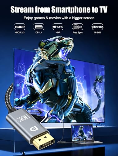 Image of Unidirectional USB C to DisplayPort 1.4 Cable 8K@60Hz, 4K@240Hz, 32.4Gbps, Thunderbolt 4 /3 Compatible Type C to DP Cord for iPhone 17 /16 /15, MacBook Pro /Air, iPad, Galaxy, XPS | 2 Meter