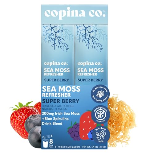 Copina Co. Irish Sea Moss Powder Drink - Super Berry with Organic Blue Spirulina - 200mg Organic Sea Moss for Gut & Skin Health, Immunity - Natural Electrolytes I 8 Stick Packs