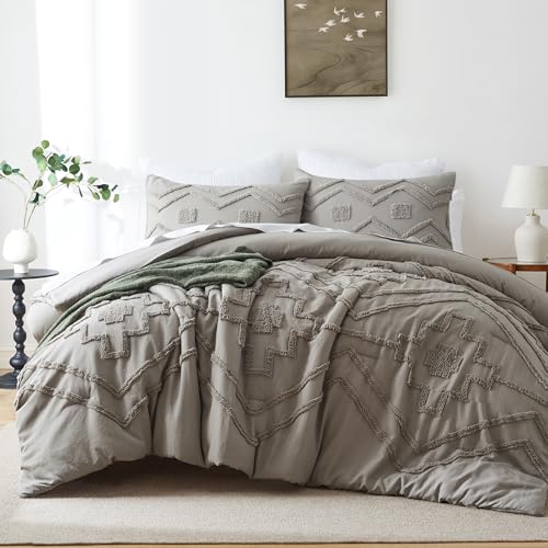 Image of Oli Anderson Boho Tufted Comforter Set Queen Size, 3 Pcs Soft Jacquard Bedding Set for All Seasons, Shabby Chic Farmhouse Bedding Set with Comforters for All Seasons (Grey, Queen)