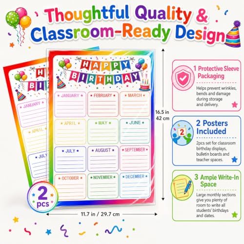 Birthday Chart Poster 2pcs, Happy Birthday Classroom Calendar Posters with Monthly Write-In Sections, Student Birthday Display for Bulletin Board, Back to School Teacher Supplies (Colorful Birthday) - 1