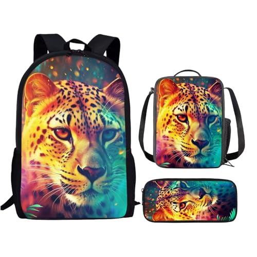PinUp Angel Mochila escolar de oncinha amarela para crianças com lancheira e bolsa de lápis, bolsa mágica legal de animais para crianças meninos e meninas